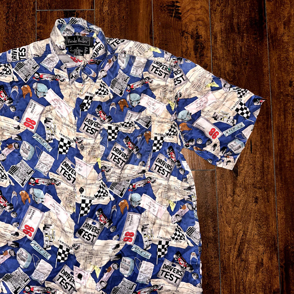 Nicole Miller 100% Silk Shirt Vintage 1994 Limited Quantities Cars Drivers Test